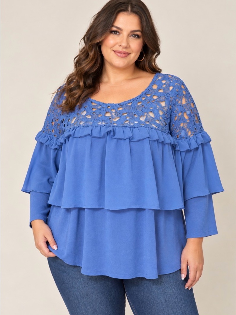 Plus Size Blue Crochet Yoke Ruffle Tiered Blouse